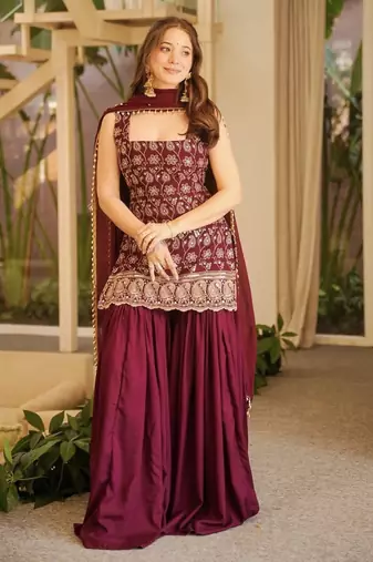 Red faux georgette party wear embroidery sharara suit set
