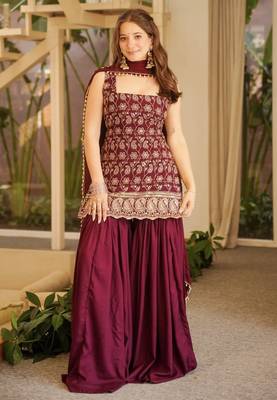 Red faux georgette party wear embroidery sharara suit set 3