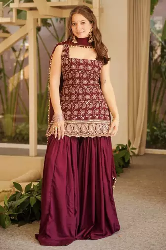 Red faux georgette party wear embroidery sharara suit set