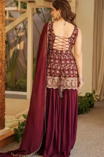 Red faux georgette party wear embroidery sharara suit set