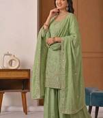 Green natural crep party wear embroidery sharara suit set