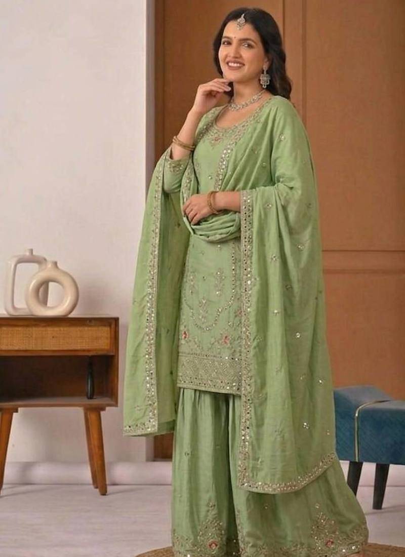 Green natural crep party wear embroidery sharara suit set