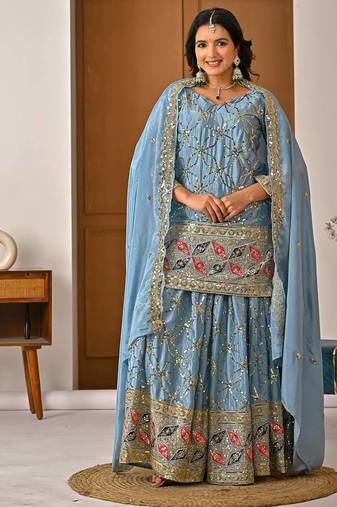 Lite rama heavy chinon silk party wear embroidery sharara suit set