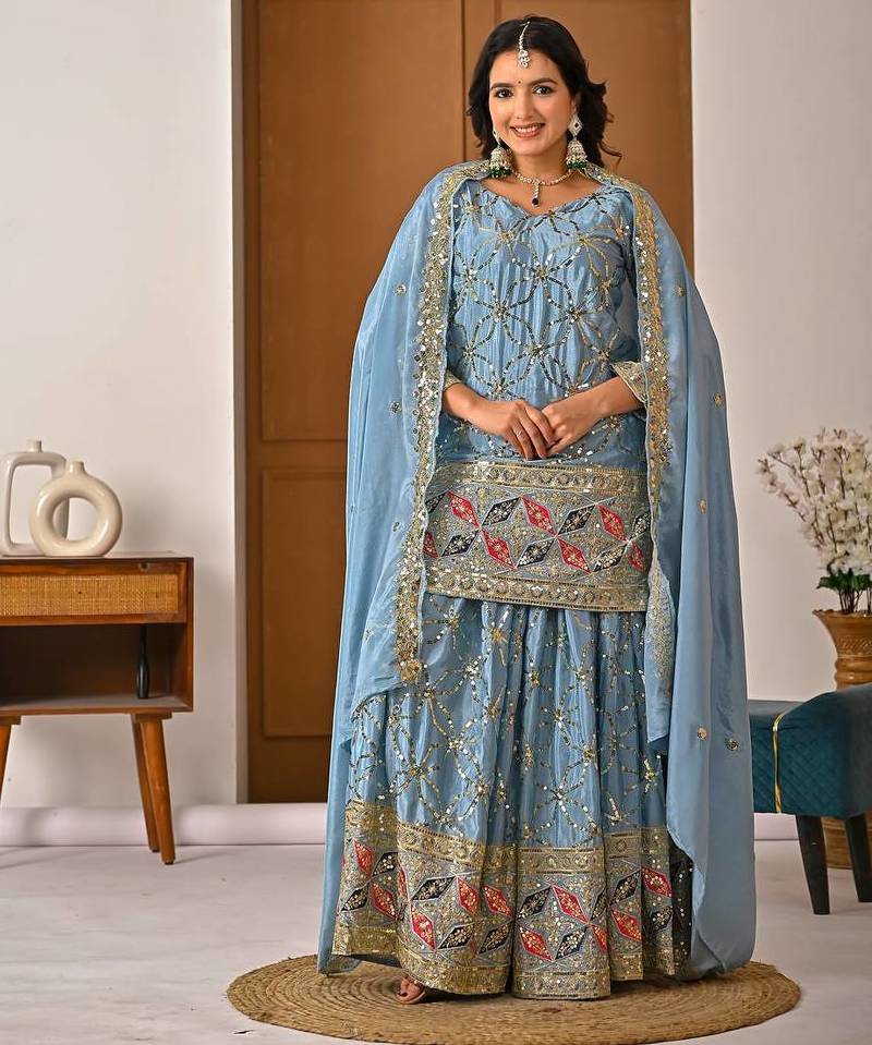 Lite rama heavy chinon silk party wear embroidery sharara suit set