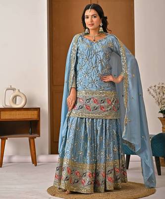 Lite rama heavy chinon silk party wear embroidery sharara suit set 2