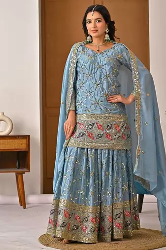 Lite rama heavy chinon silk party wear embroidery sharara suit set