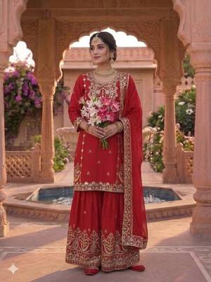Red chinon silk party wear embroidery suit set 2