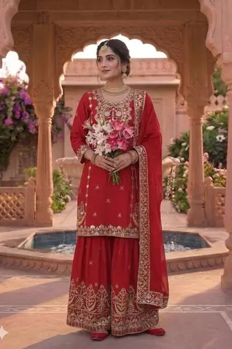 Red chinon silk party wear embroidery suit set