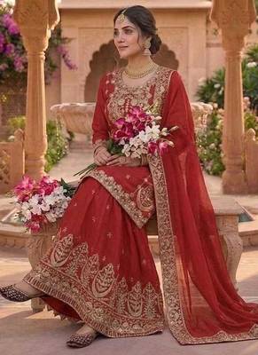 Red chinon silk party wear embroidery suit set 4