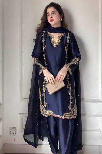 Blue natural crep silk party wear embroidery farshi salwar suit set