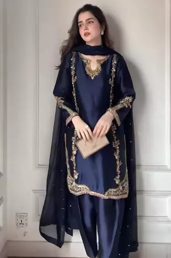 Blue natural crep silk party wear embroidery farshi salwar suit set