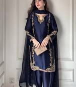 Blue natural crep silk party wear embroidery farshi salwar suit set