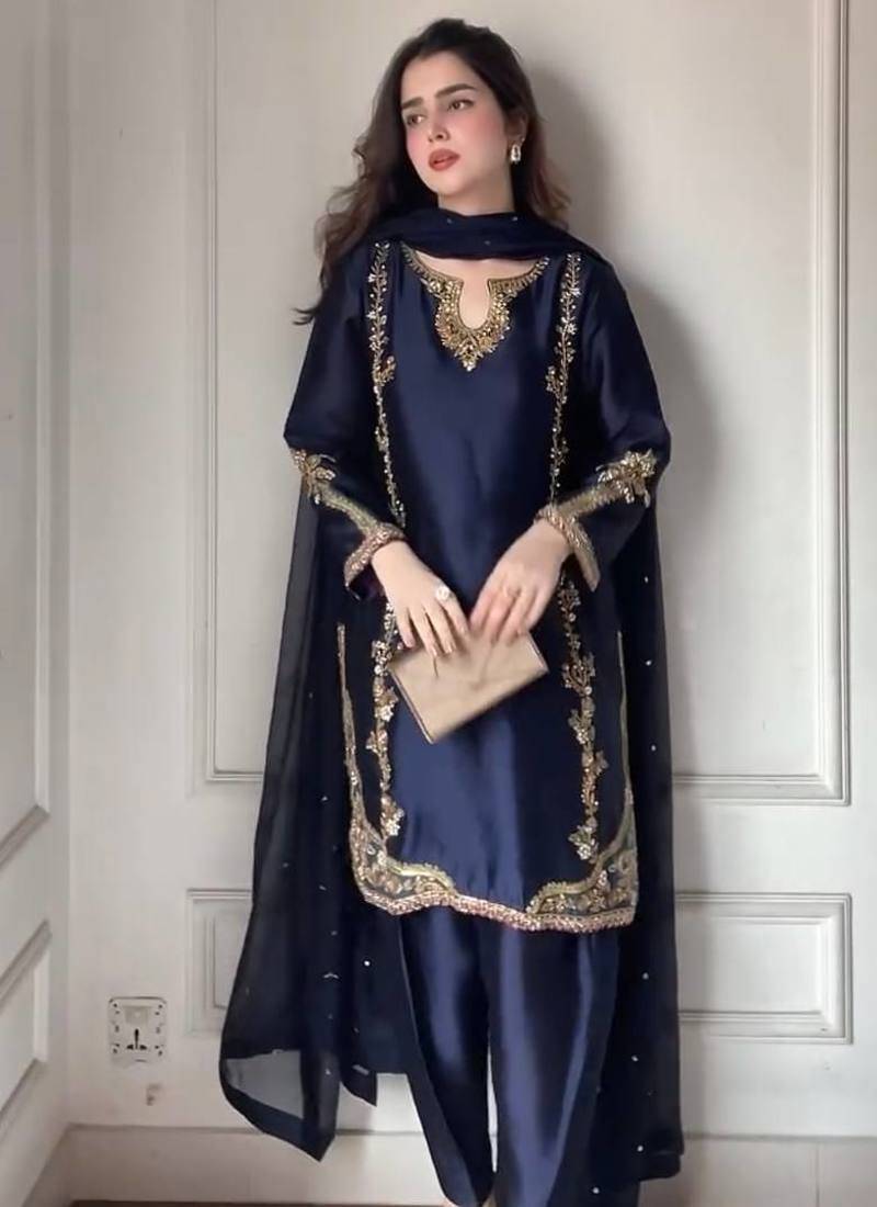 Blue natural crep silk party wear embroidery farshi salwar suit set