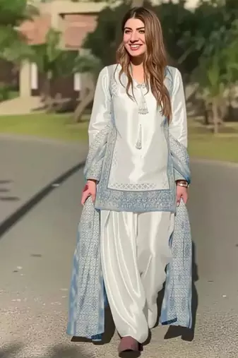 Sky blue heavy natural silk party wear embroidery suit set