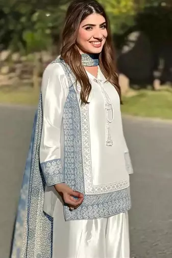 Sky blue heavy natural silk party wear embroidery suit set