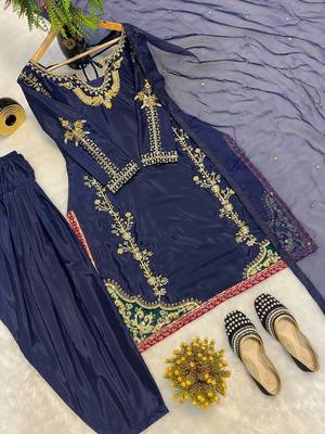 Blue natural crep silk party wear embroidery farshi salwar suit set 2