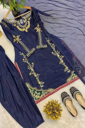 Blue natural crep silk party wear embroidery farshi salwar suit set