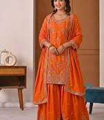 Orange natural crep party wear embroidery sharara suit set