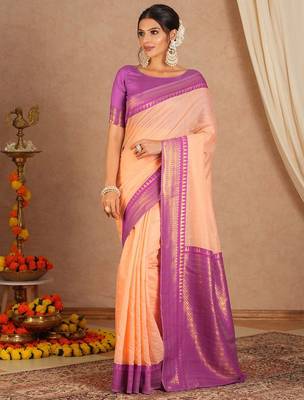 New Designer Banarasi Soft Silk Peach Color Woven Women's saree With Blouse Set 1