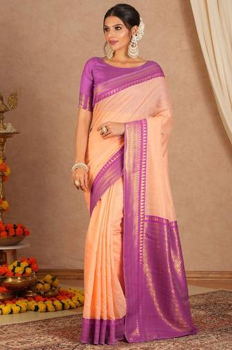 New Designer Banarasi Soft Silk Peach Color Woven Women's saree With Blouse Set
