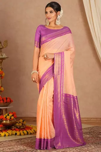 New Designer Banarasi Soft Silk Peach Color Woven Women's saree With Blouse Set