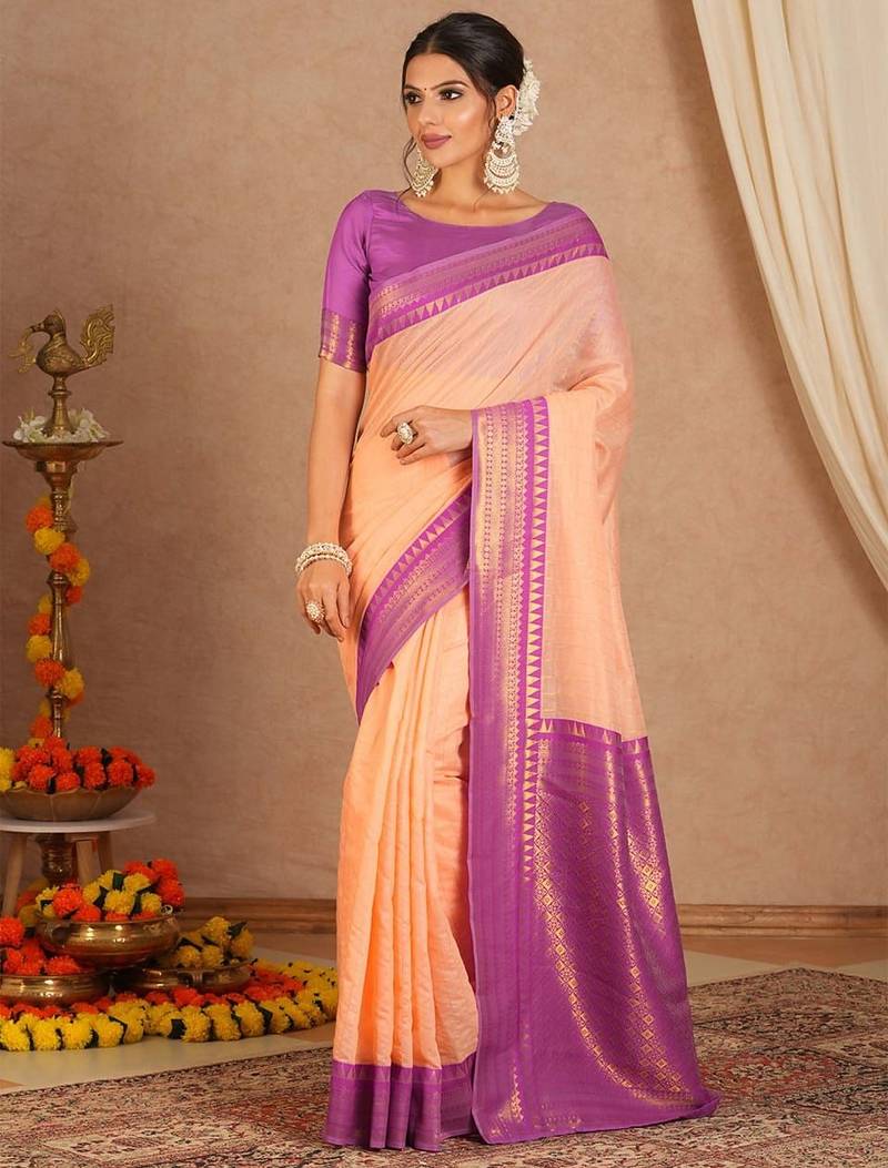 New Designer Banarasi Soft Silk Peach Color Woven Women's saree With Blouse Set