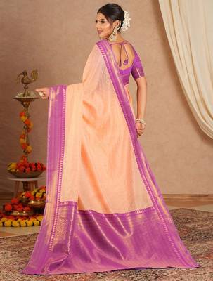 New Designer Banarasi Soft Silk Peach Color Woven Women's saree With Blouse Set 2