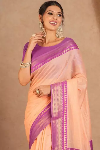 New Designer Banarasi Soft Silk Peach Color Woven Women's saree With Blouse Set