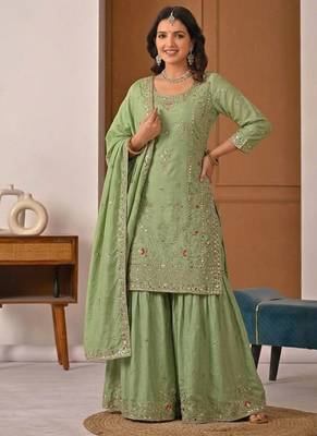 Green natural crep party wear embroidery sharara suit set 3