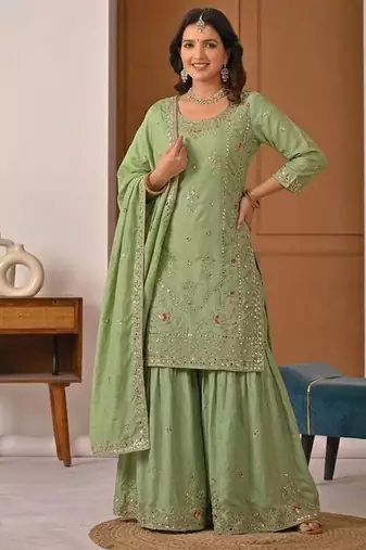 Green natural crep party wear embroidery sharara suit set