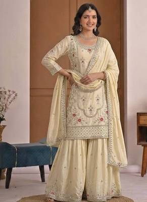 Cream natural crep party wear embroidery sharara suit set 3