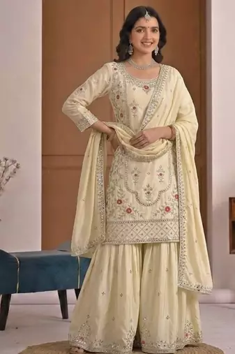 Cream natural crep party wear embroidery sharara suit set
