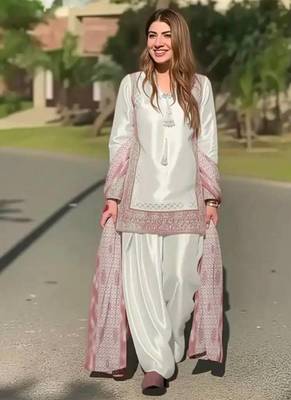 Lite pink heavy natural silk party wear embroidery suit set 1