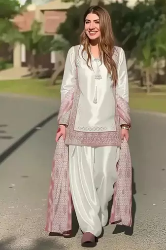 Lite pink heavy natural silk party wear embroidery suit set