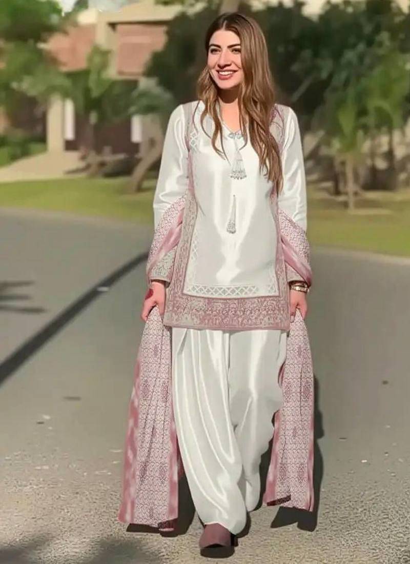 Lite pink heavy natural silk party wear embroidery suit set