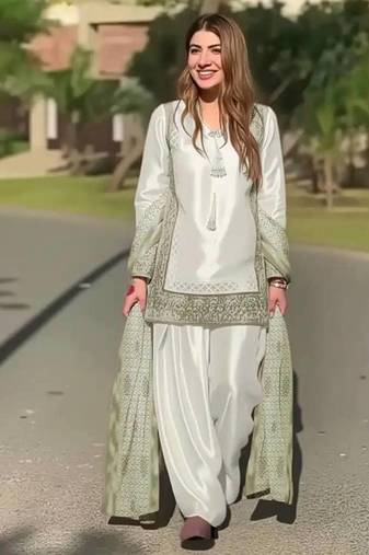 Lite green heavy natural silk party wear embroidery suit set