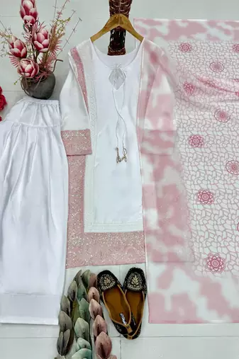 Lite pink heavy natural silk party wear embroidery suit set