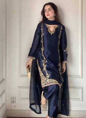Blue natural crep silk party wear embroidery farshi salwar suit set 3