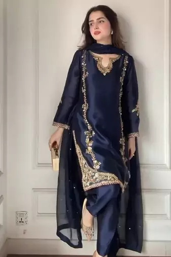 Blue natural crep silk party wear embroidery farshi salwar suit set