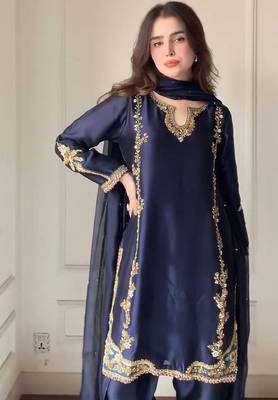 Blue natural crep silk party wear embroidery farshi salwar suit set 4