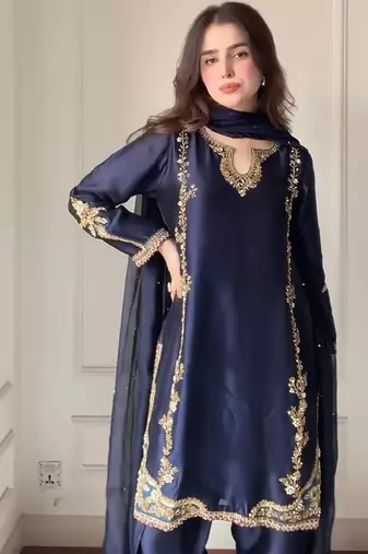 Blue natural crep silk party wear embroidery farshi salwar suit set