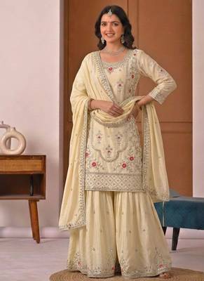 Cream natural crep party wear embroidery sharara suit set 4