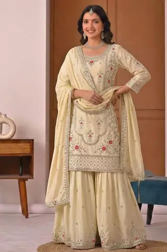 Cream natural crep party wear embroidery sharara suit set