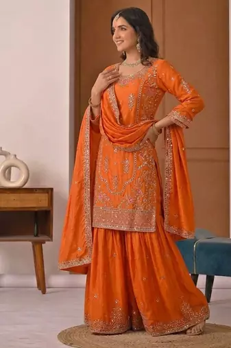 Orange natural crep party wear embroidery sharara suit set