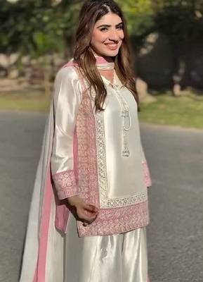 Lite pink heavy natural silk party wear embroidery suit set 3