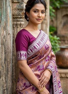 New Designer Banarasi Soft Silk Woven Saree With Blouse Set For Women's 4