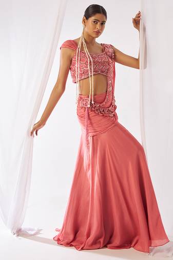 Rose pink embroidered chinon pre draped saree set