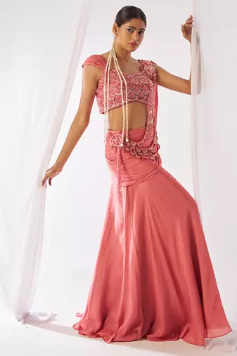 Rose pink embroidered chinon pre draped saree set