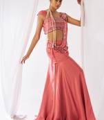 Rose pink embroidered chinon pre draped saree set