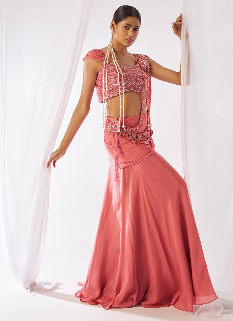 Rose pink embroidered chinon pre draped saree set